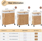 Rolling Laundry Hamper with Lid and Wheels, Slim Laundry Basket with Removable Liner Bag & 2 Mesh Bags, Handwoven Water Hyacinth Clothes Hamper for Bedroom Bathroom (Natural, 85L)