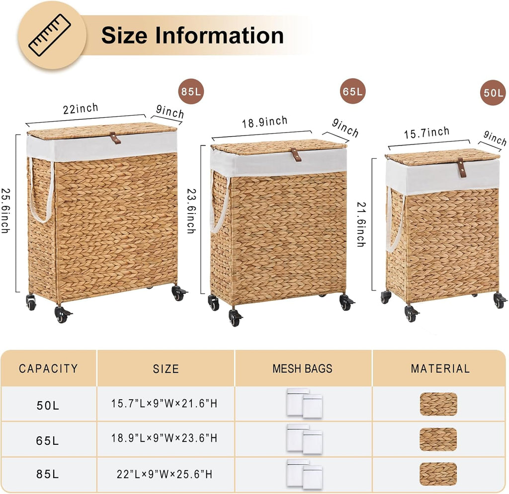 Rolling Laundry Hamper with Lid and Wheels, Slim Laundry Basket with Removable Liner Bag & 2 Mesh Bags, Handwoven Water Hyacinth Clothes Hamper for Bedroom Bathroom (Natural, 50L)