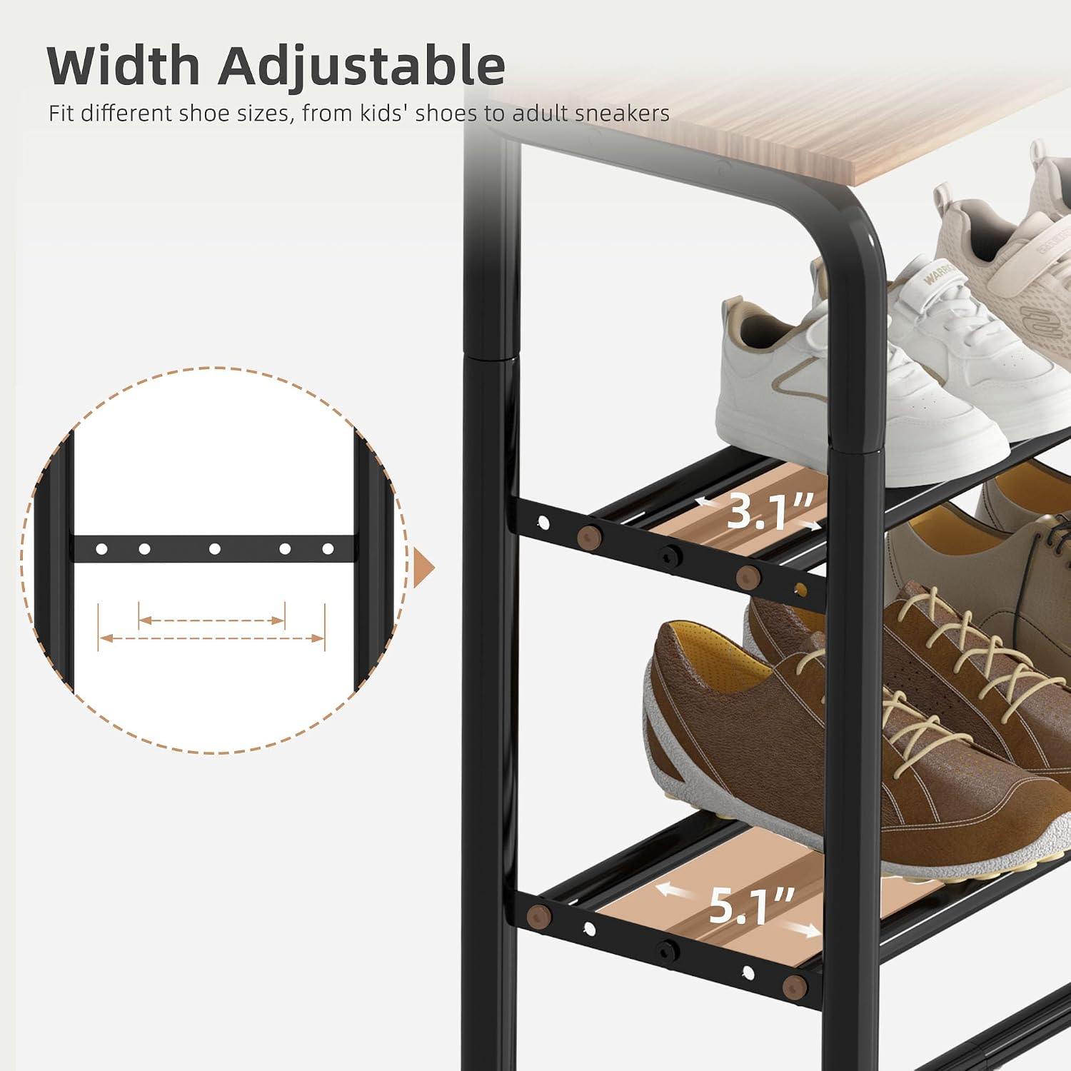 STORAGE MANIAC 5 Tier Shoe Rack for Entryway, Metal Shoe Shelf with Storage Pocket and MDF Top Board, 16-20 Pairs Free Standing Shoes Organizer for Closet, Black