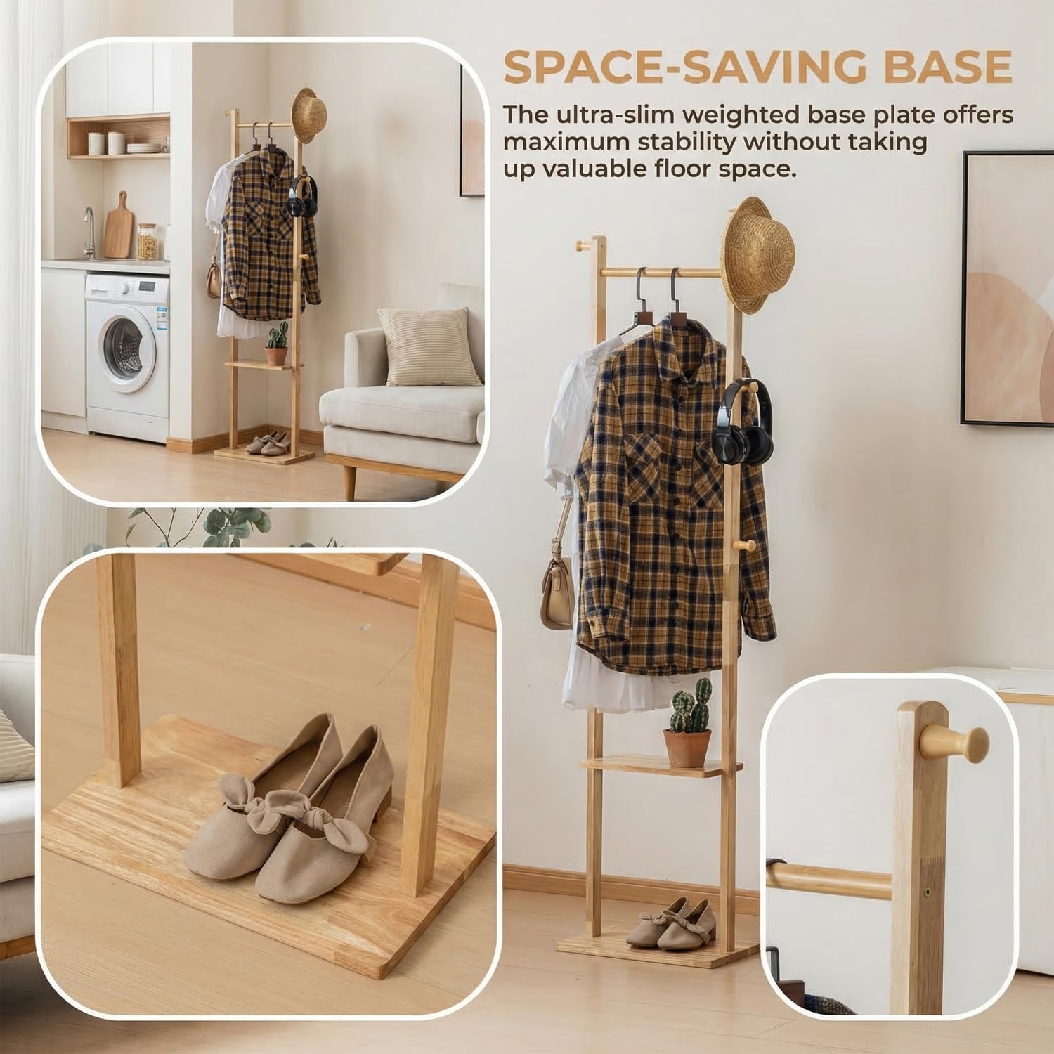 latifolia Clothes rack, Solid Wood Clothing Rack Witch Hooks and Shelves, 15.75 inch Garment rack With Storaege for Living Room, Nature