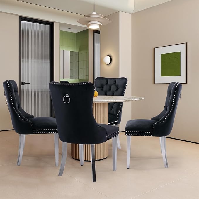 Velvet Upholstered Dining Chairs Set of 4, Modern Style Kitchen Side Chairs with Nailhead Trim and Silver Plated Leg, Metal Pulling Ring for Dining Room Living Room(Black, Set of 4)