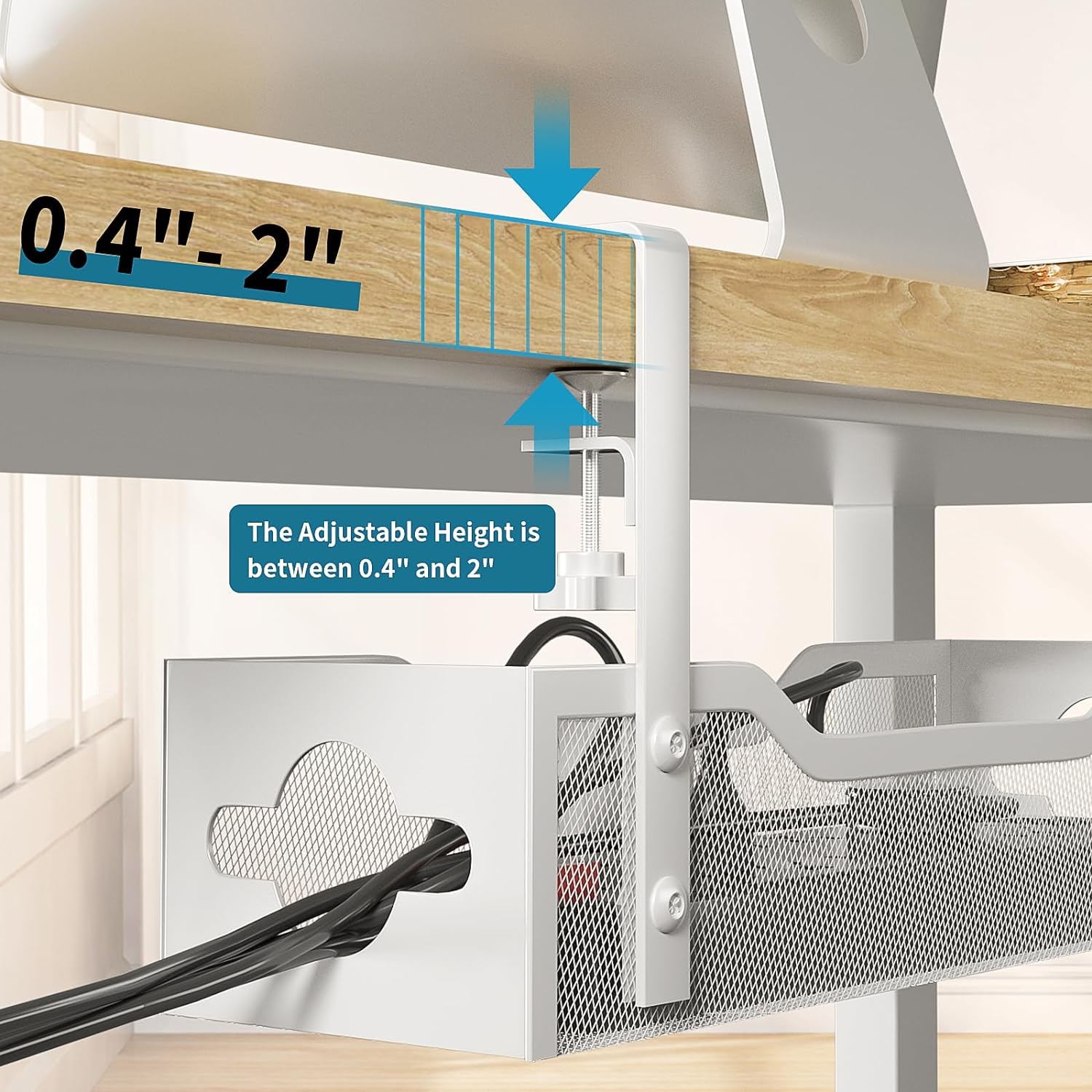 Under Desk Cable Management Tray 2 Pack, No Drill Cable Organizer With Clamp for Standing Desk, Easy to Install Cord Management System, No Damage Wire Organizer
