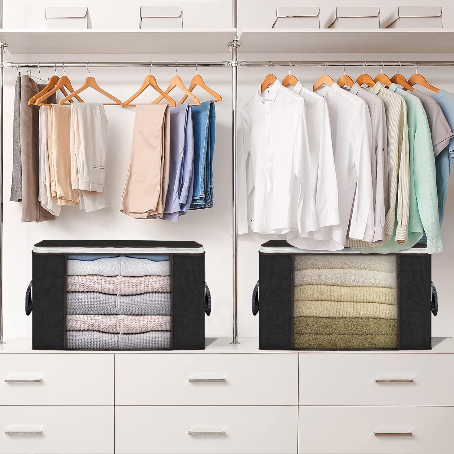 Budding Joy 90 L Large Storage Bags, 10 Pack Clothes Storage Bins Foldable Closet Organizers Storage Containers with Reinforced Handle for Clothing, Blanket, Comforters, Bed Sheets, Pillows (Black)