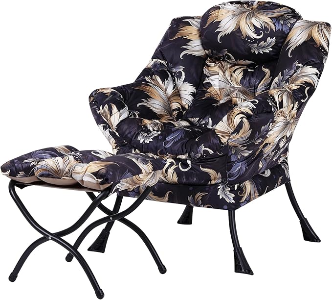 Tiita Lazy Chair with Ottoman, Modern Large Accent Lounge Chair, Leisure Sofa Armchair with Ottoman, Reading Chair with Footrest for Bedroom, Living Room, Dorm Rooms, Garden and Courtyard