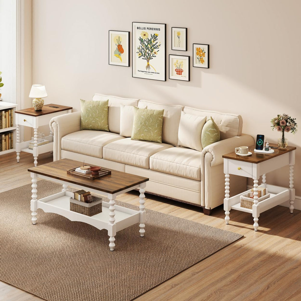 YOSHOOT Farmhouse End Table with Charging Station Set of 2 - Narrow Side Tabl...