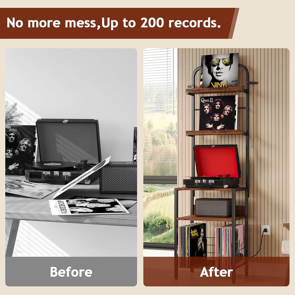 Record Player Stand with Power Outlet, Turntable Stand with 2-Tier Vinyl Reco...