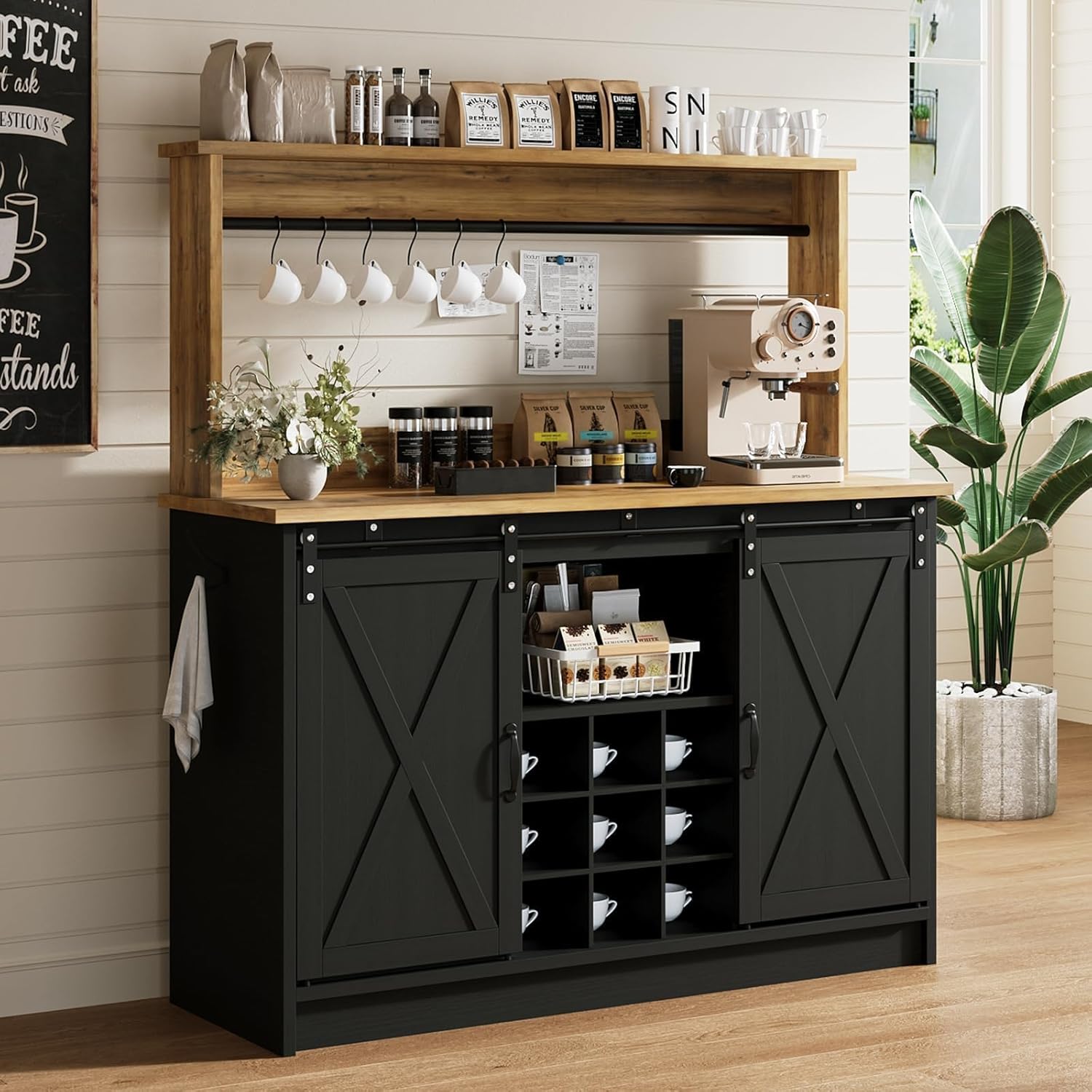 4ever2buy 47" Coffee Bar Cabinet with Storage Hutch & Wine Rack, Black | Coffee Bar Station with Sliding Barn Door, 7 Hooks and Adjustable Shelves for Kitchen, Dining Room, Living Room
