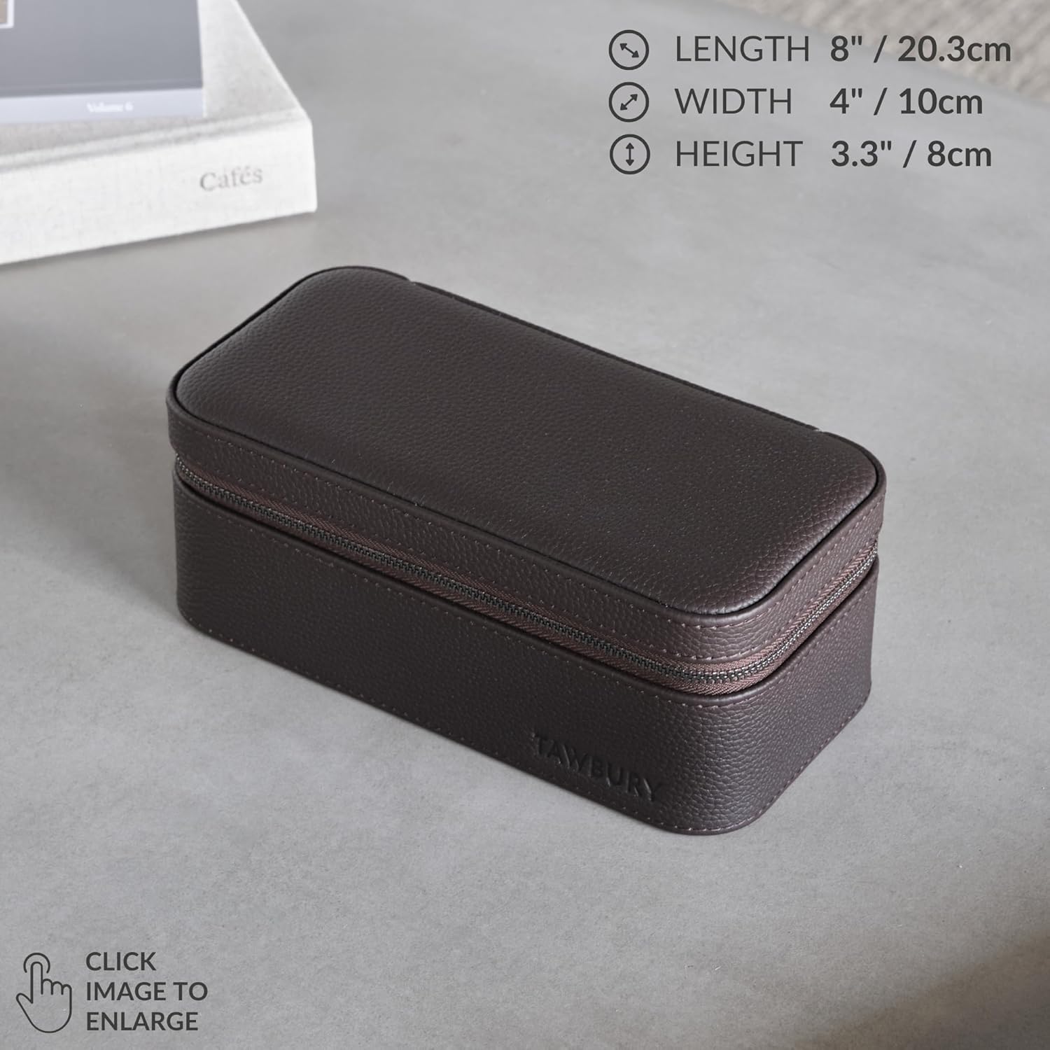 TAWBURY Watch Case - 3 Slot Genuine Top-Grain Leather Watch Travel Case for Men & Women with Metal Zipper and Extra Wide Pillows for Large Watches (Brown)