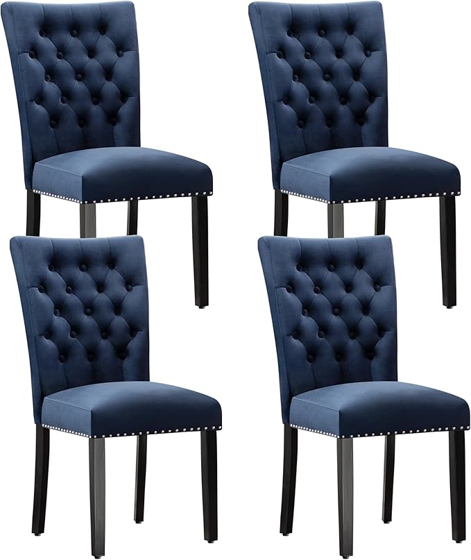 Velvet Dining Chairs Set of 4, Upholstered Dining Room Chairs with Wooden Legs & Nailed Trim, Parsons Kitchen Chair 350 LBS Capacity, Blue
