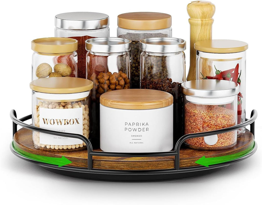 WOWBOX 9" Wood Lazy Susan Turntable Organizer for Cabinet, Pantry & Counter | Smooth 360° Rotation, Space-Saving Wooden Organizer for Spice Jars, Kitchen, Bathroom, Vanity & Tabletop