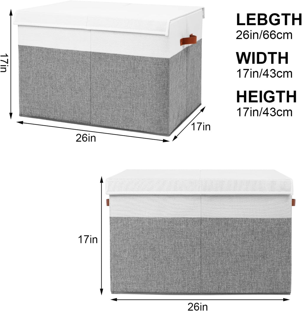 Large Toy Storage Box with Lid, Sturdy Toys Storage Chest Bin Organizer Basket with Dividers for Kids, Boys, Girls, Nursery, Closet, Bedroom, Playroom 26"x17" x17" (Grey and White)