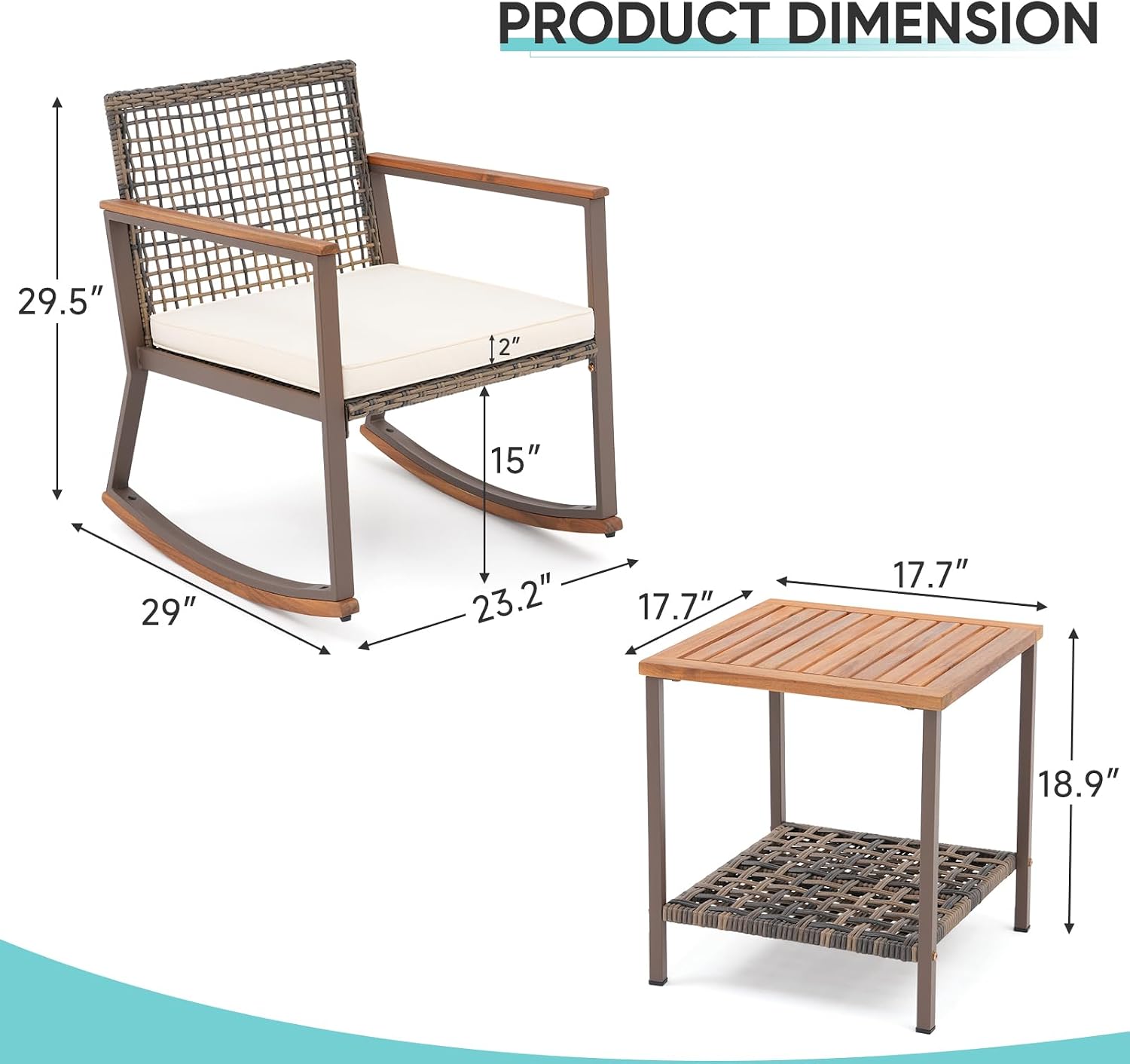 Verano Garden 3 Pieces Rocking Bistro Set, Conversation Bistro Set | Outdoor Chairs and Table Set, Wood Armrest, Soft Cushions, Small Porch Set, Balcony Set, Garden, Patio, Yard, Mix Brown