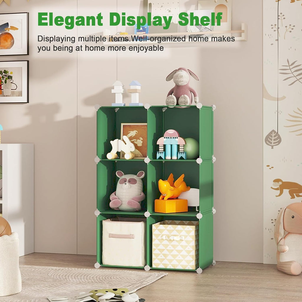 C&AHOME 6-Cube Storage Organizer, Stackable Storage Cubes Shelves, Portable Bookshelf, Plastic Clothing Storage Closet Organizer, DIY Modular Shelving Units for Wardrobe, Home, Green