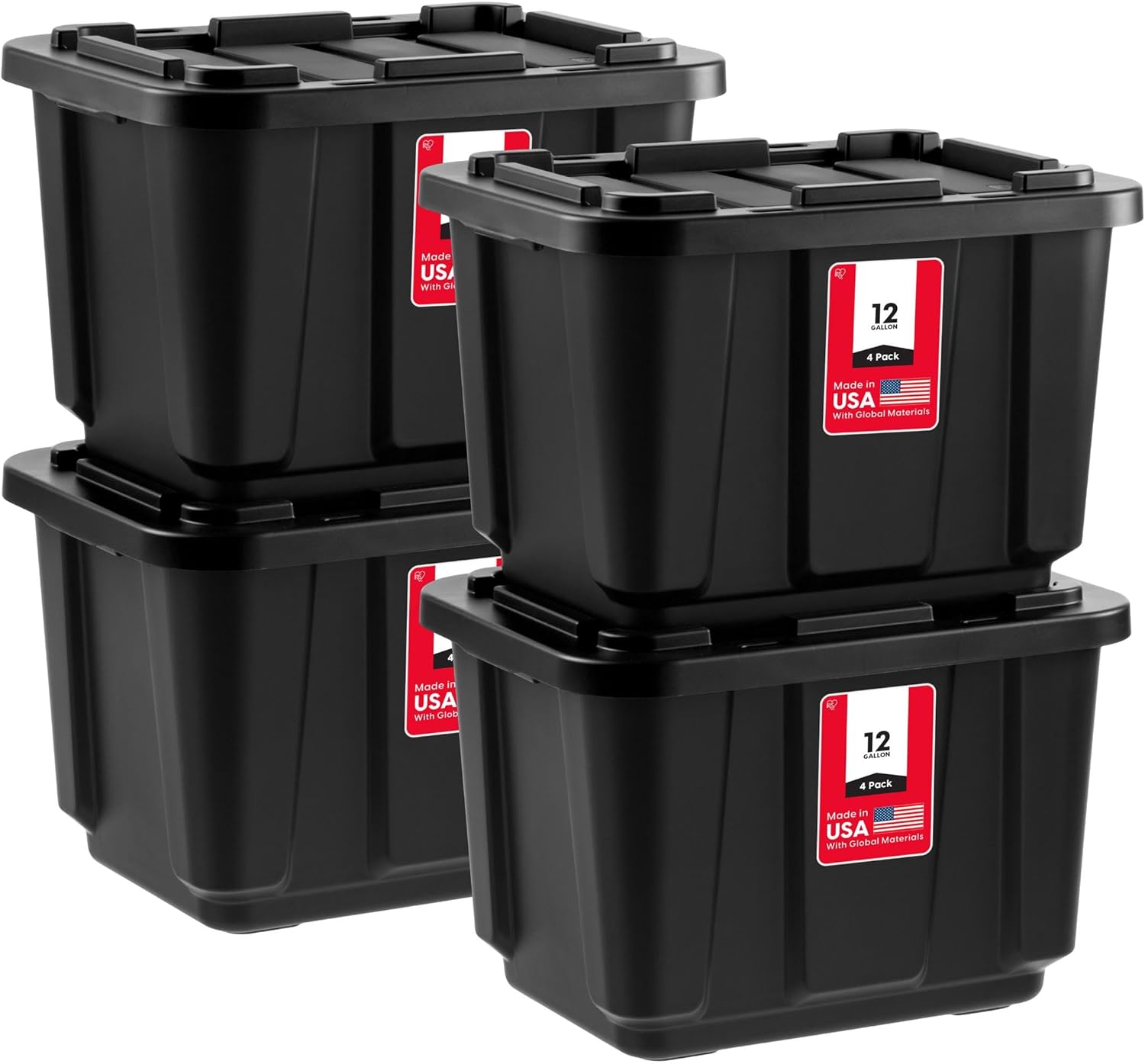 IRIS USA 12 Gallon Heavy Duty Truck Bed Toolbox Storage Tote Bins with Lids, 4 Pack - Made in USA, Tough Snap On Lockable Lid Stackable Industrial Rugged Tubs, Garage Organization Box - Black