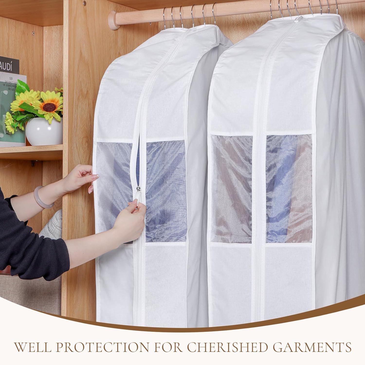 Univivi 40 Inch Cotton Garment Bags for Hanging Clothes 2 Pack, White | Breathable Cotton Fabric, Strong Zipper, Organza Window, 10in Wide Gusset Fits 6 Hangers, Perfect for Suits, Coats, Jackets