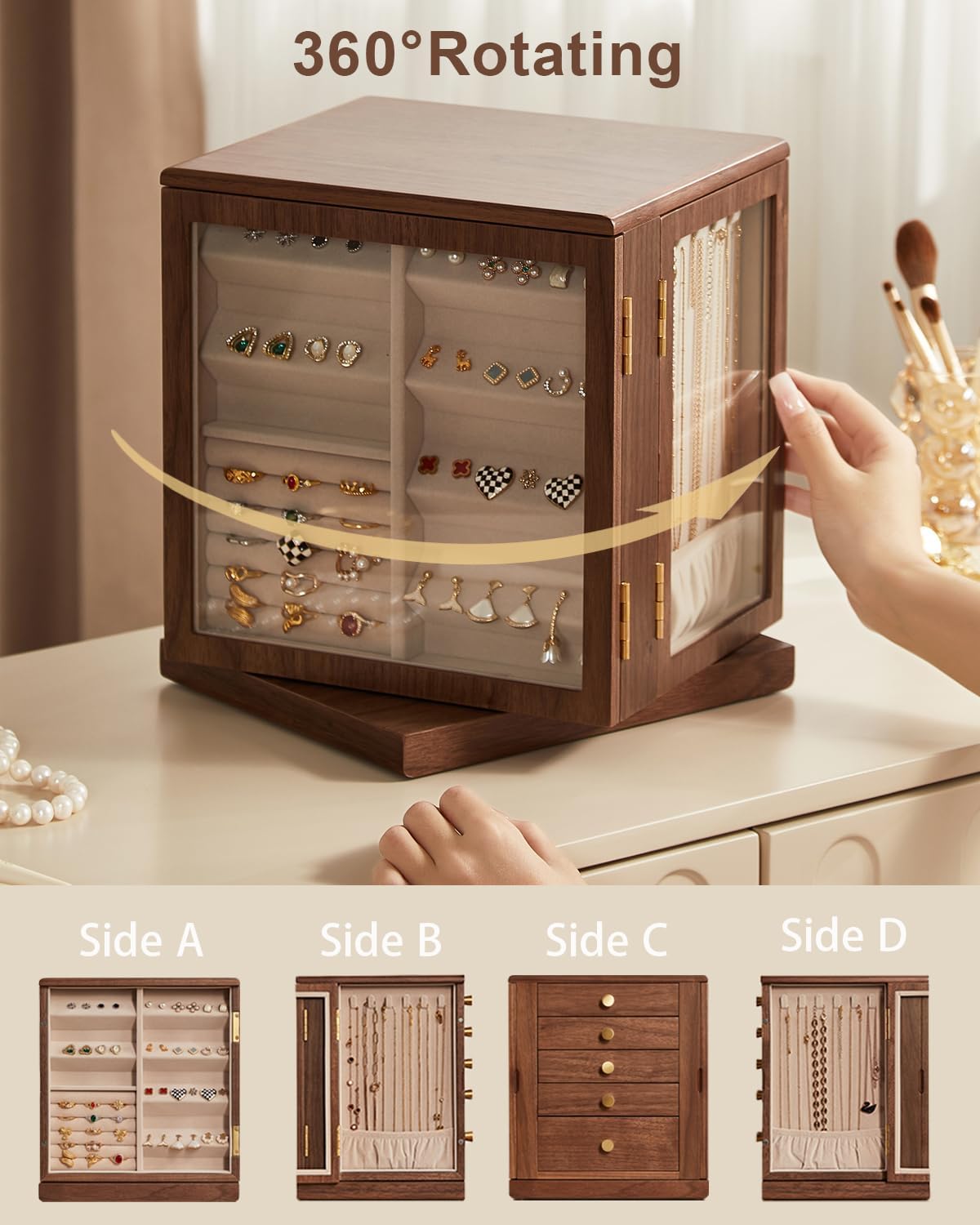 CHOSIN Black Walnut Wooden Jewelry Box, 360° Rotating Organizer with Glass Lid, 5 Drawers for Earrings, Rings, Necklaces – Vertical Jewelry Storage for Women Christmas Gifts