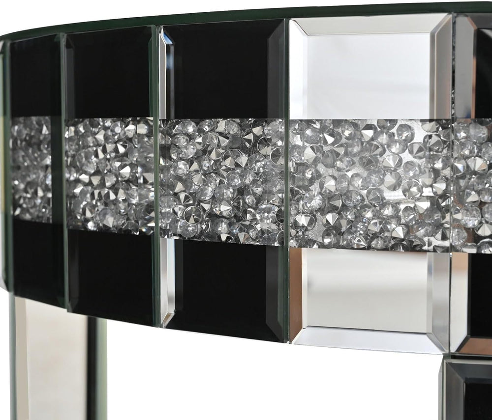 Round Mirror Accent Table with Crushed Diamond Edge Frame, 19.7" Mirrore...