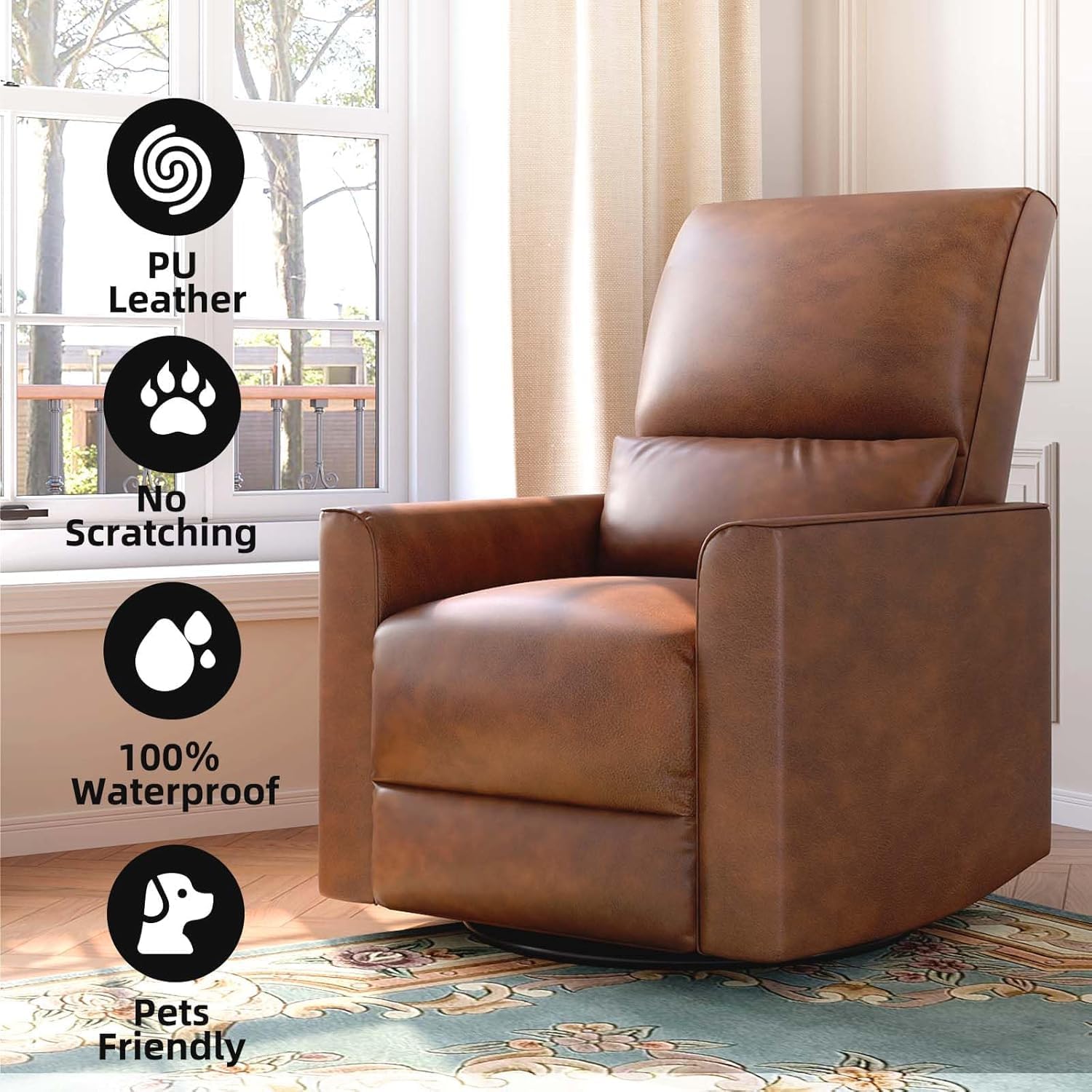 GAOMON Swivel Rocking Recliner Chair, Manual Leather Recliner Glider with | Lumbar Support & Padded Armrest, Comfortable Rocker Nursery Single Sofa for Living Room and Bedroom (Brown)