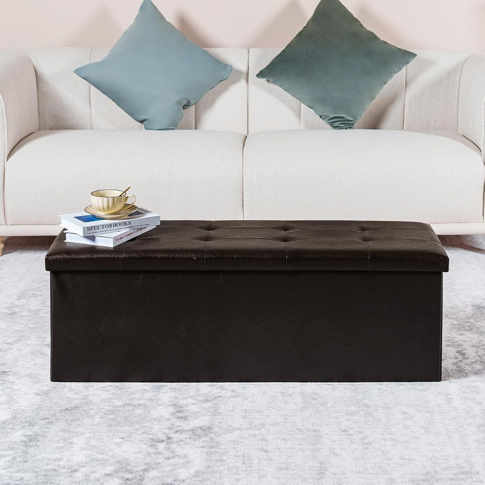 PINPLUS Folding Storage Ottoman Bench, Brown Faux Leather | Storage Chest wit...