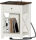 Treocho Farmhouse White with Charging Station, X-Design End Side Table with 2 AC and USB Power Outlets, Small Night Stand with Storage Drawer and Open Shelf for Bedroom,Farmhouse White