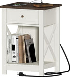 Treocho Farmhouse White with Charging Station, X-Design End Side Table with 2 AC and USB Power Outlets, Small Night Stand with Storage Drawer and Open Shelf for Bedroom,Farmhouse White