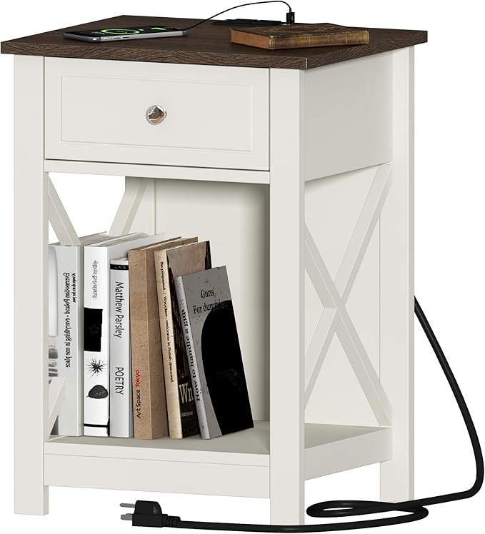 Treocho Farmhouse White with Charging Station, X-Design End Side Table with 2 AC and USB Power Outlets, Small Night Stand with Storage Drawer and Open Shelf for Bedroom,Farmhouse White
