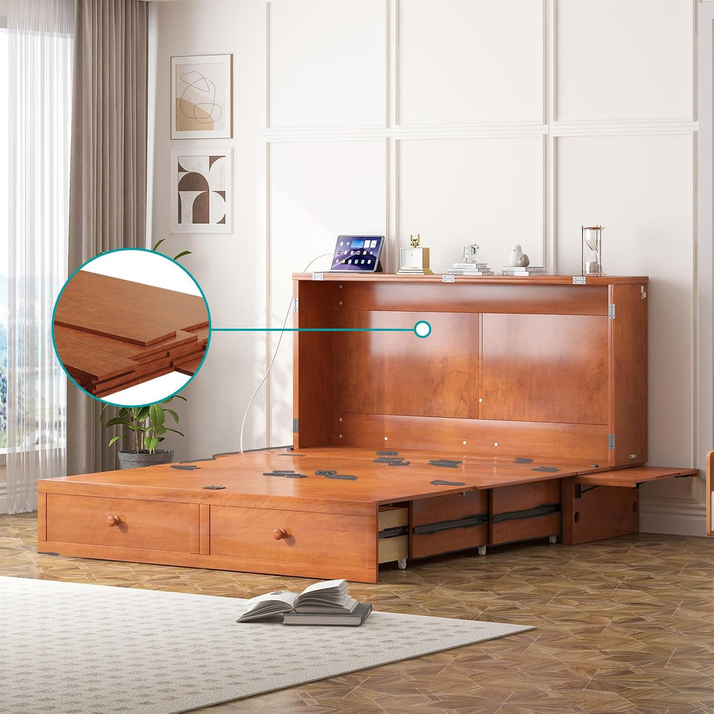 BALUS Murphy Cabinet Bed, Murphy Bed with Spacious Drawers,Queen Foldable Murphy Chest Bed with USB Charging Station for Living Room Apartment Bedroom,Cherry