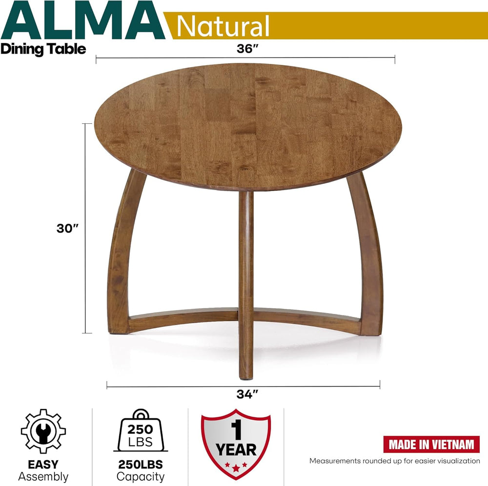 Acacia Alma 36 Inches Round Dining Table for 4, Solid Rubber Wood, Mid-Centur...