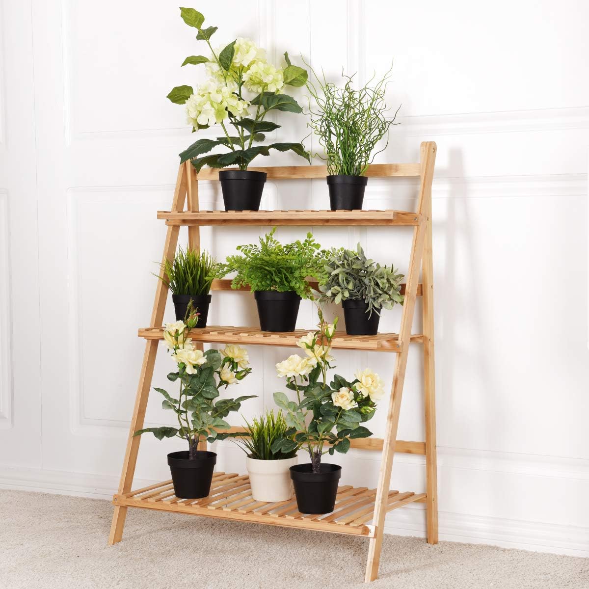 Casart Bamboo Ladder Stand Shelf, Foldable Multifunctional Flower Display Rack, 3-Tier Storage Rack for Home and Office
