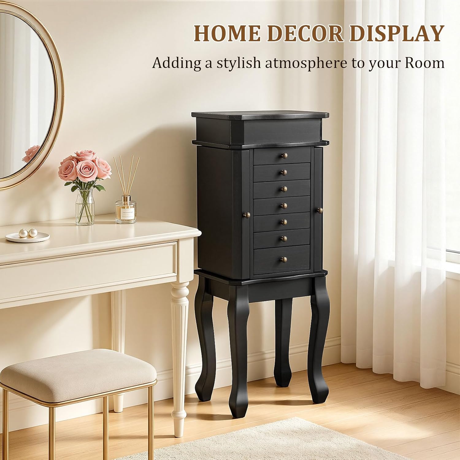 Standing Jewelry Armoire with Top Flip Mirror, 7 Drawers & 2 Side Doors, Large Freestanding Jewelry Organizer Box for Rings Earrings Necklaces Bracelets Watches Glasses (Black)