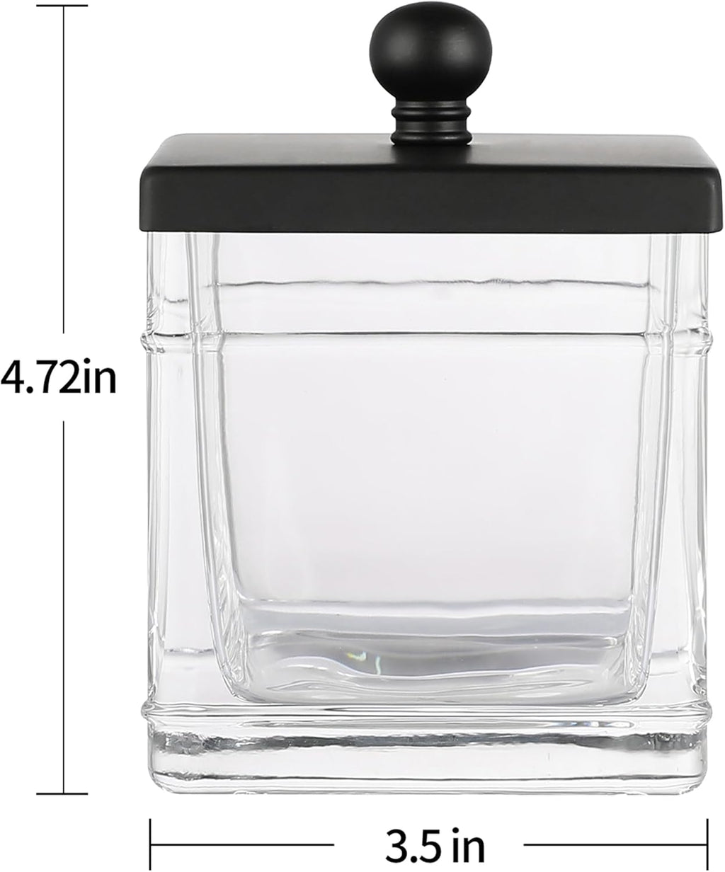 Glass Cotton Jar Holder 2 Pack– Matte Black Lid, Elegant Bathroom Storage Canister for Qtips, Cotton Balls, Floss, Makeup Organizer, Vanity & Bathroom Organization