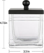 Glass Cotton Jar Holder 2 Pack– Matte Black Lid, Elegant Bathroom Storage Canister for Qtips, Cotton Balls, Floss, Makeup Organizer, Vanity & Bathroom Organization