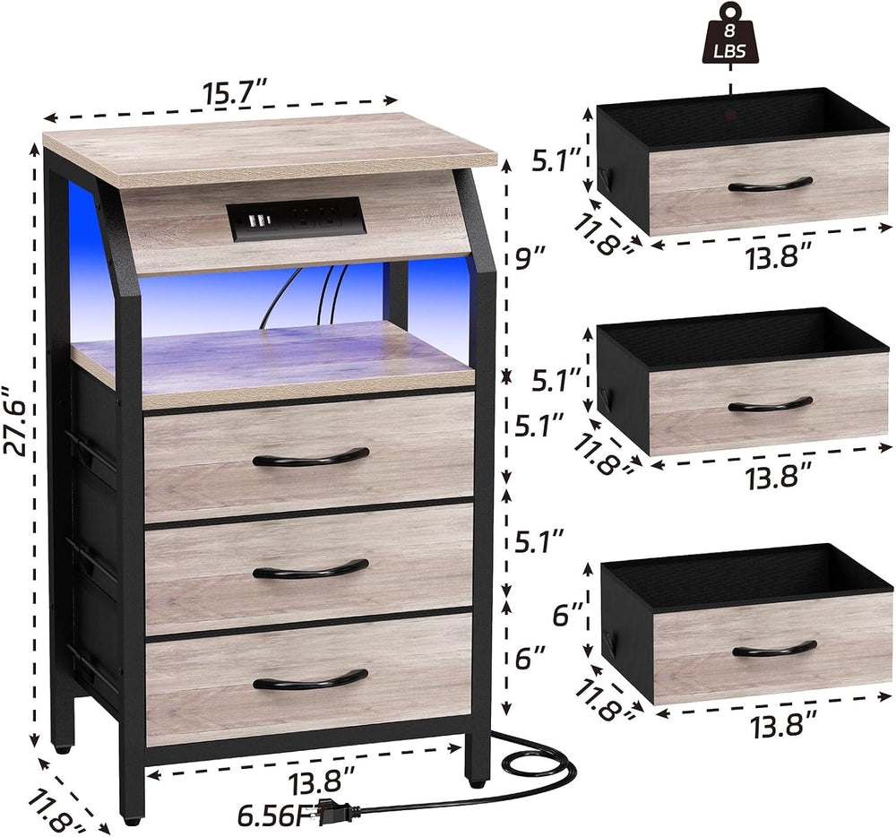 SZLHANJZ End Table with 3 Drawers, Night Stand with Charger Station and LED L...