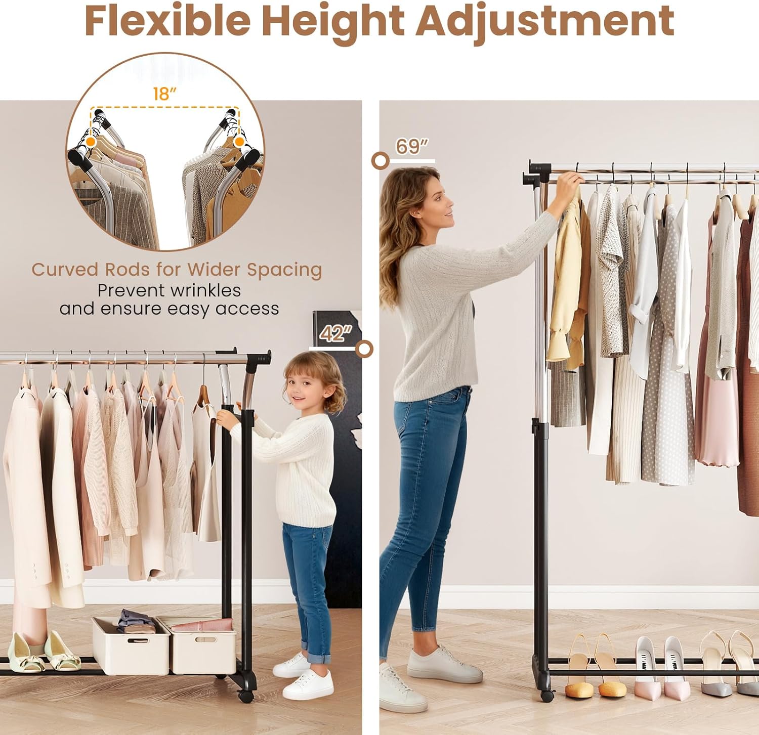 COSTWAY Double Rod Clothing Rack, Rolling Garment Rack with Shelf, Wheels, Adjustable Height Heavy Duty Metal Clothes Racks for Hanging Clothes for Dressing Room, Laundry, Living Room
