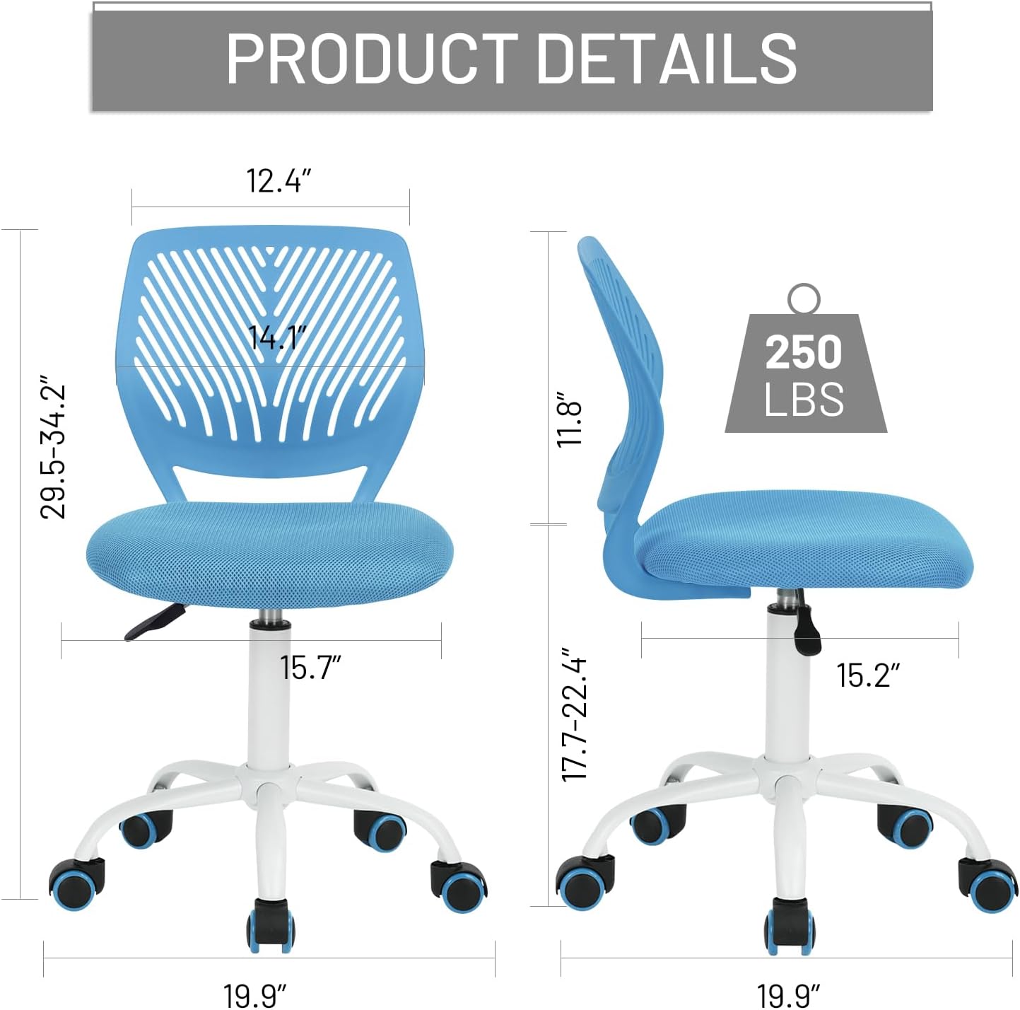 FurnitureR Rolling Study Mesh Desk Chair, Ergonomic Armless Compact Adjsutable Swivel Task Chair with Soft Cushion ad Plastic Mid-Back for Students Teens Children Kids, Sky Blue