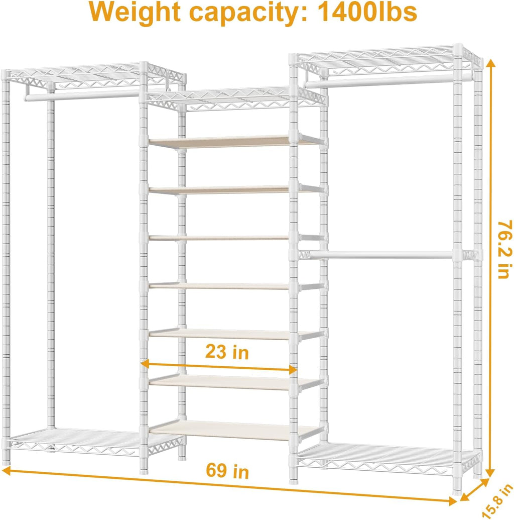 E16 Heavy Duty Clothing Rack（With 7-Tier Adjustable Shoe Rack） Freestanding Clothes Rack for Hanging Clothes，Metal Closet Storage Organizer Large Wardrobe，69'' W x 15.8'' D x 76.2'' H，White