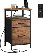 WLIVE Nightstand with Charging Station, End Table with 2 Fabric Drawers for Storage, Small Bedroom Dresser, Bed Side Table, 2 USB Ports and 2 Outlets, Easy Assembly, Rustic Brown
