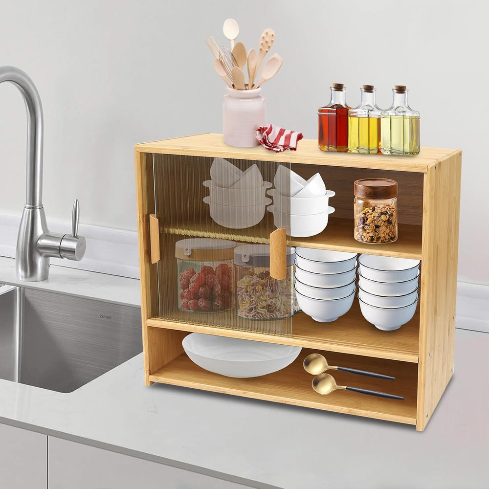 3 Tier Small Bamboo Pantry, Freestanding Dining Cupboard Kitchen Sideboard Co...