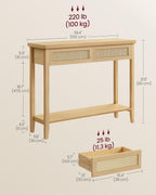 VASAGLE Console Sofa Table, Narrow Entryway Table, 2 Drawers, Open Storage Shelf, Rounded Corners, for Living Room, Boho Style, Oak Beige ULNT016YC01S