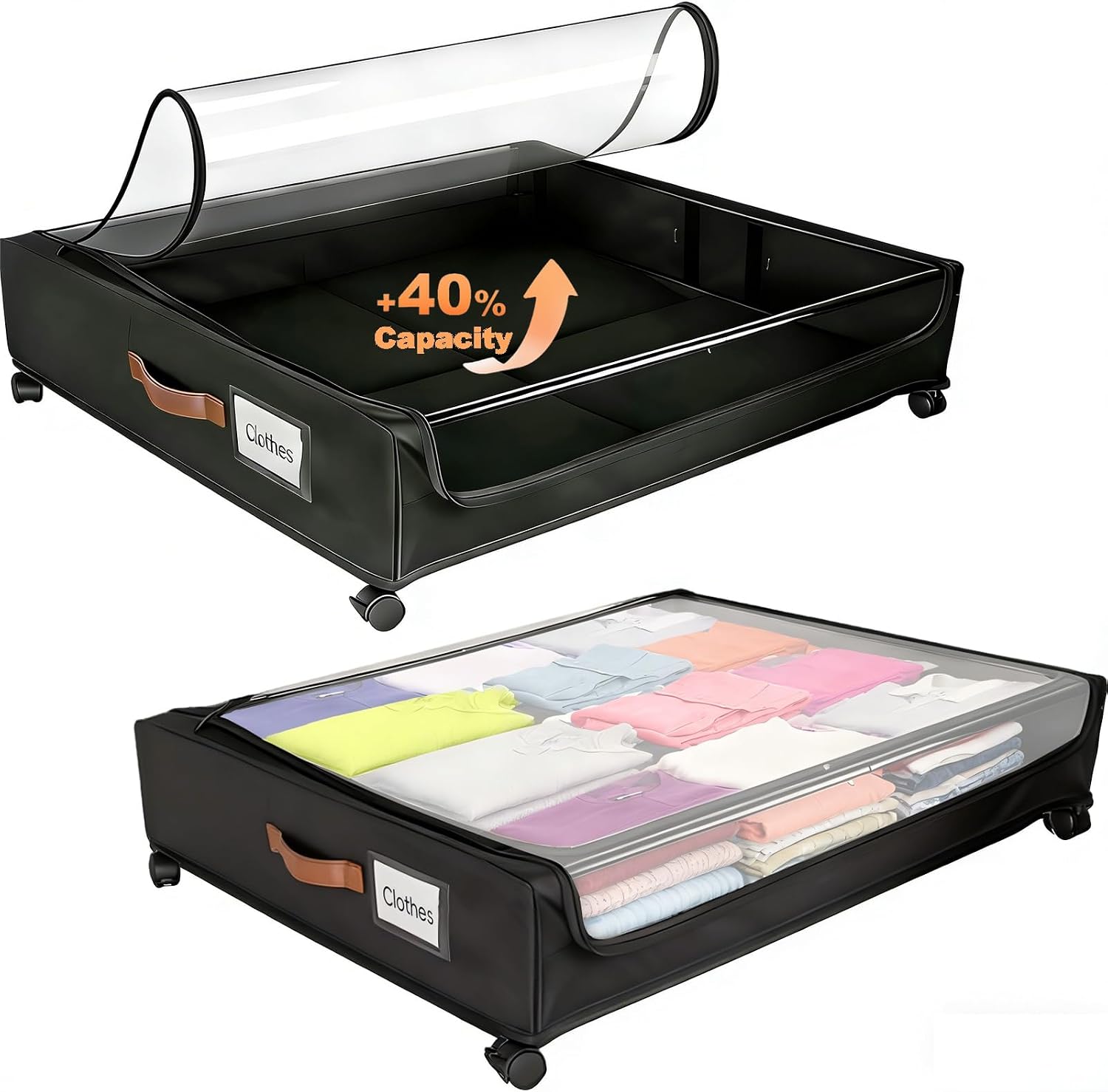 80L Large Under Bed Storage with Wheels, 2-Pack XXL Underbed Shoe Storage | Fit Most Bed, Removable & Locakable Wheels, Sturdy Metal Frame, Clear Lid, Easy Install, for Off-Season Clothes/Blankets