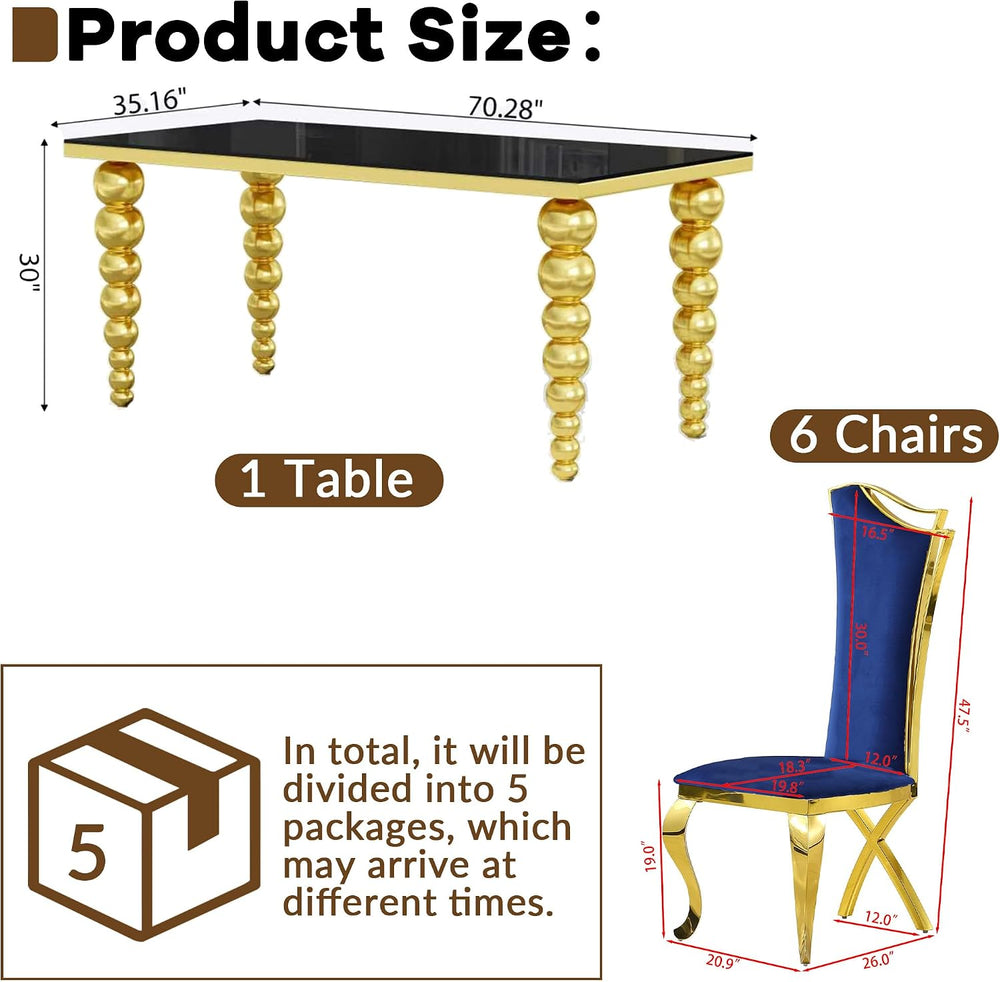 Dining Room Table Set for 6, 70 Inch Elegant Black Glass Kitchen Tabletop wit...