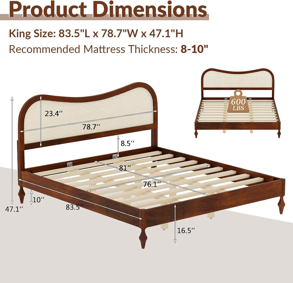 King Size Boho Platform Bed Frame with Curved Rattan Headboard