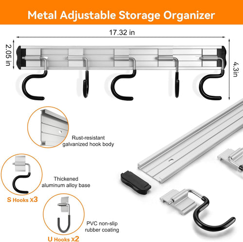 34.5'' Aluminum Alloy Garden Tool Organizer Wall Mount Garage Organizers and Storage with Hooks Tool Hangers for Shed Hooks for Shovel, Rake, Broom & More