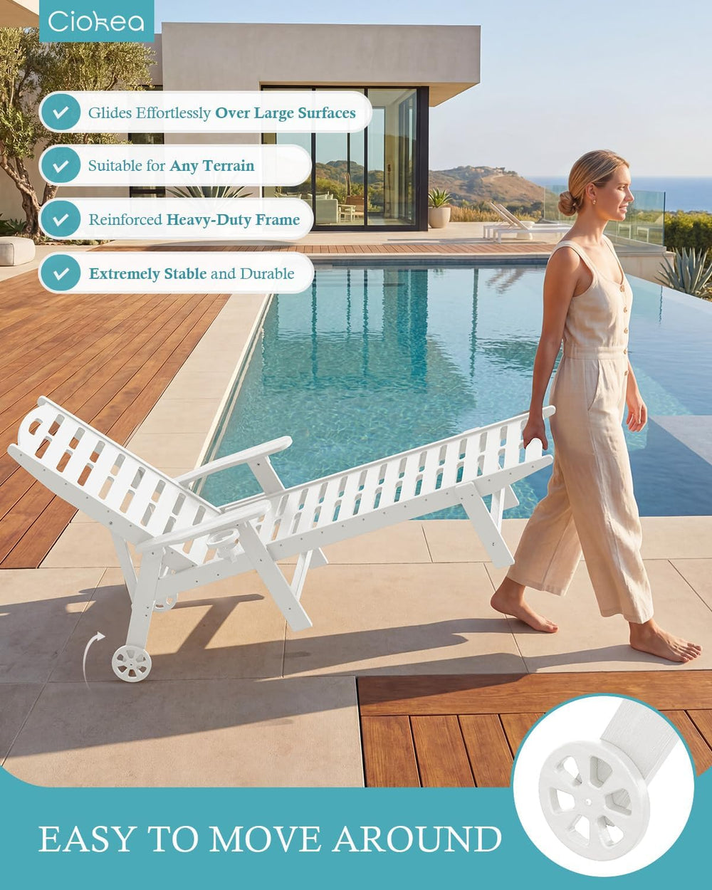 Ciokea Outdoor Chaise Lounge Chair, 5-Position Adjustable, White | HDPE All-W...