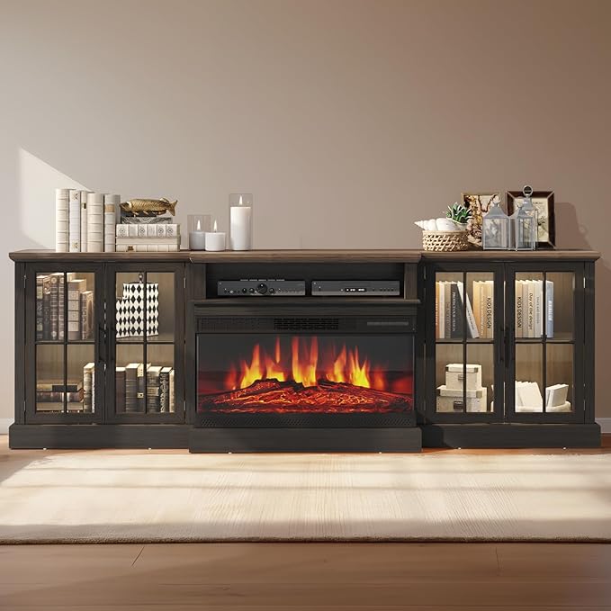 Black 98" Farmhouse TV Stand with 36" Fireplace for Living Room,Media Entertainment Center with Adjustable Shelves and Large Storage Cabinets, TVs up to 100"