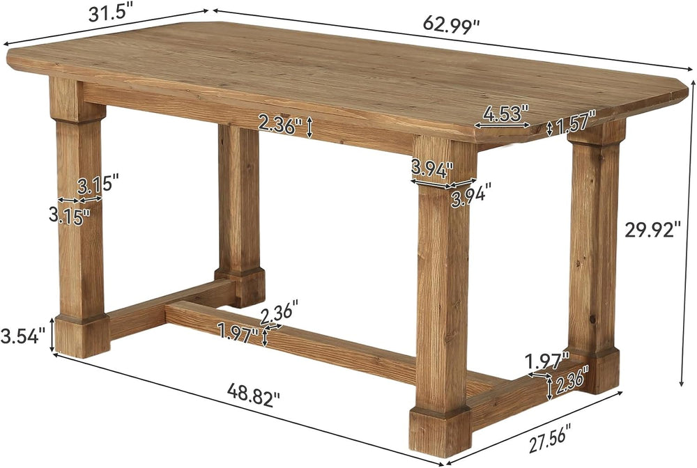 63" Solid Wood Dining Table, Rectangular Kitchen Table with Sturdy Legs,...