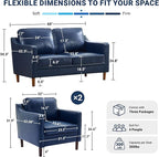 Kingfun Living Room Furniture Sets, 2 Armchair and Loveseat, Mid Century Modern Sofa Set, Faux Leather Couch with Solid Wood Frame for Living Room & Bedroom, Royal Blue