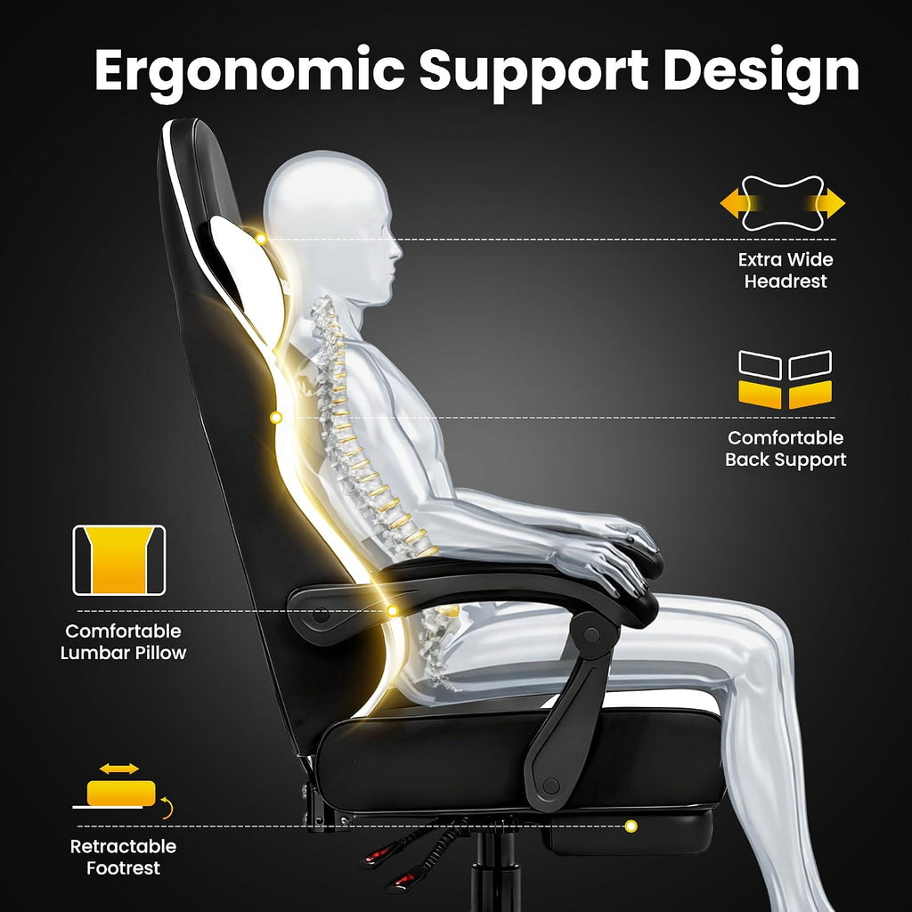 Gaming Chair Gamer Game Ergonomic with Footstool Lumbar Support Deep Black | Headrest, Height and Backrest Adjustable, Deep Black Leather, 210 KG Heavy Duty Load Capacity 52cm Wingless Cushion