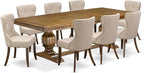 NKSI9-AWA-04 9-Piece Dining Table Set Consists of a Dining Table and 8 Light Tan Linen Fabric Kitchen Chairs with Button Tufted Back - Antique Walnut Finish