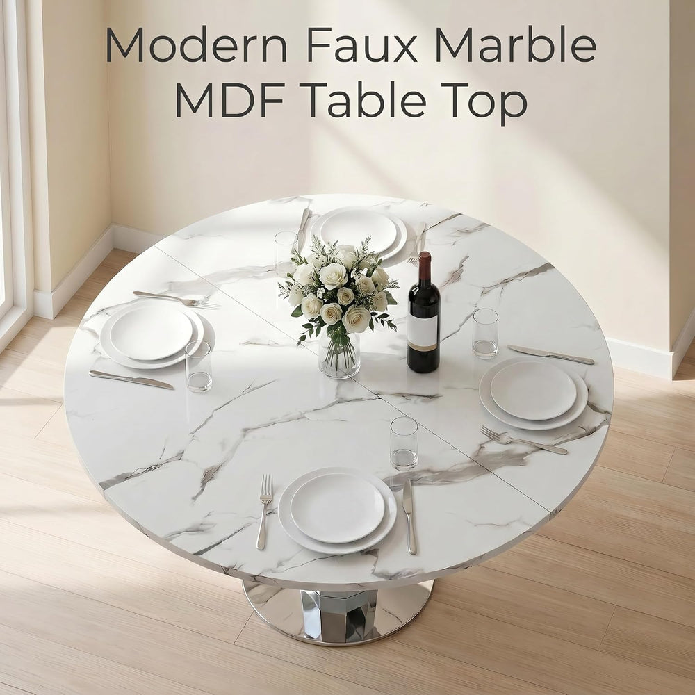Henf Modern Round Dining Table for 4-6 White Silver 47" Faux Marble Kitc...